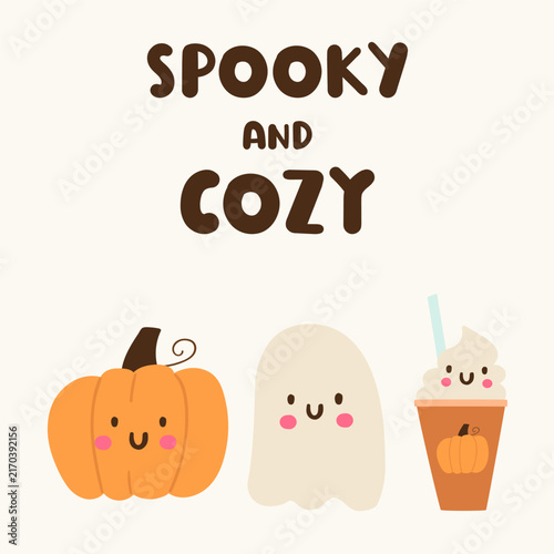 spooky and cozy Halloween typography poster with cute pumpkin ghost and spice latte characters flat vector illustration happy autumn food mascot design