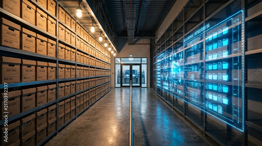 Obraz premium A large warehouse or archive room featuring neatly stacked brown boxes with a glowing blue digital data interface overlay.