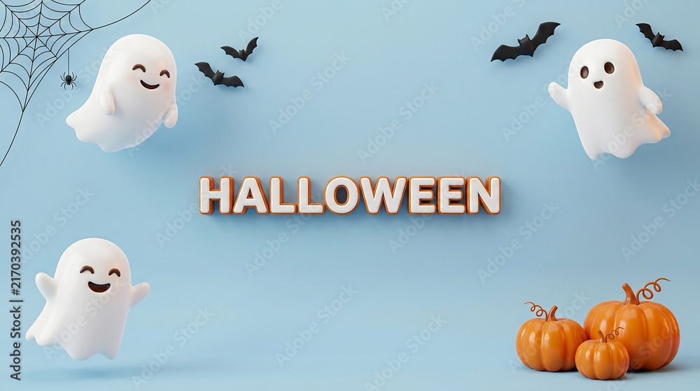 Obraz premium Cartoon ghosts and bats with halloween pumpkins isolated on light blue background