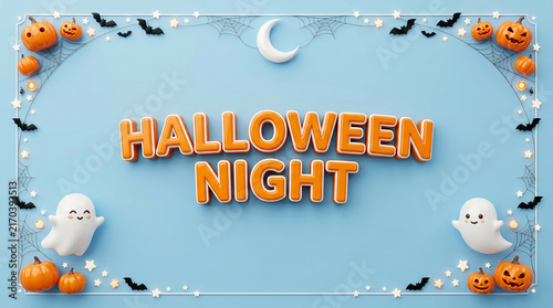 Halloween night vector illustration with jack o lanterns and bats