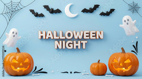 Halloween night illustration with pumpkins, bats, and moon
