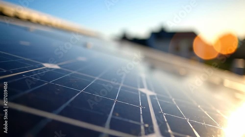 Close up of solar panels absorbing sunlight for renewable clean energy on a sunny day
