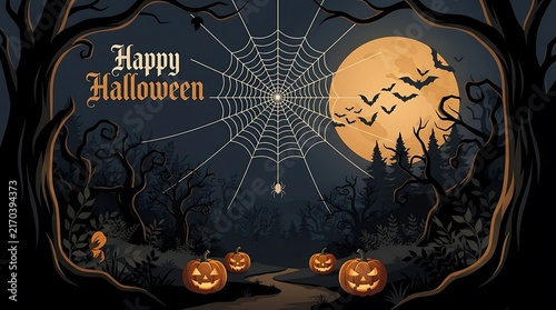 Happy halloween illustration with pumpkins and spider web moon