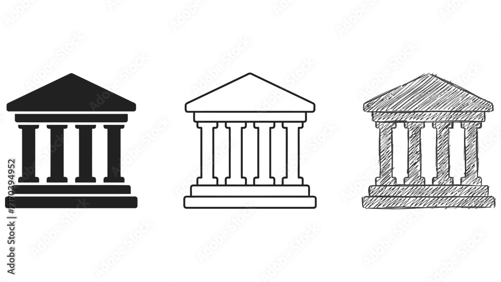 Obraz premium Three variations of a bank building featuring a solid black silhouette, a simple thin outline, and a hand-drawn style on white background