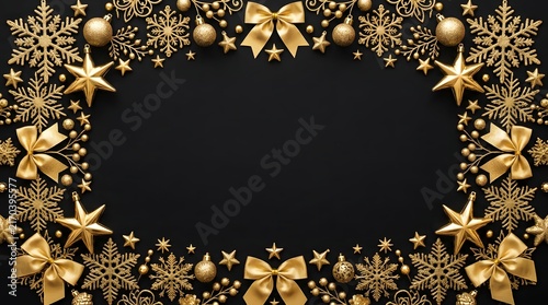 Golden christmas decorations frame on black background