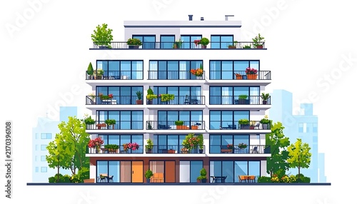 Modern blue apartment building with balconies and greenery.