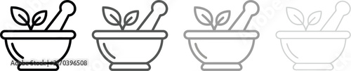 Mortar and pestle with leaves line art illustration set