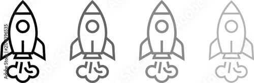 Rocket ship icons with exhaust flames linear style on a white background
