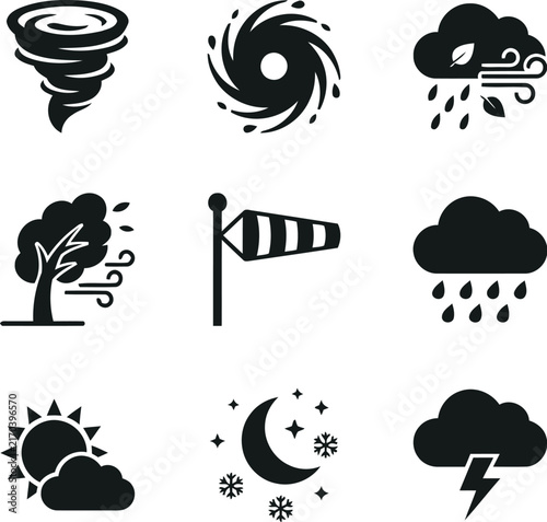 Weather icons depicting storms sun wind and precipitation in a flat style