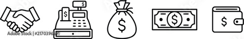 Financial transaction icons depict agreements payments and currency on a white background
