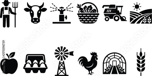Farming icons set black silhouettes on a white background