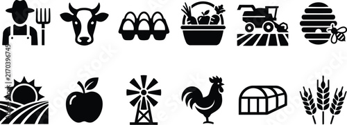 Farm icons set depicting agriculture livestock and harvest on a white background
