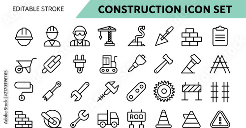 Construction industry tools line icon set with architecture building engineering equipment symbols and worker elements vector (16 words)