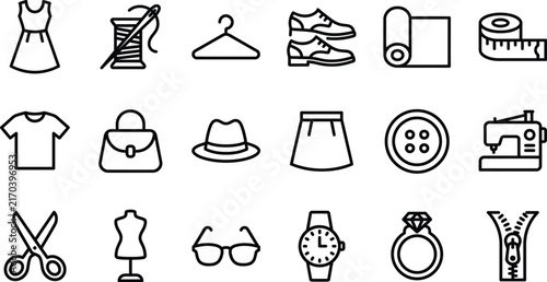 Collection of clothing and accessory line icons on a white background