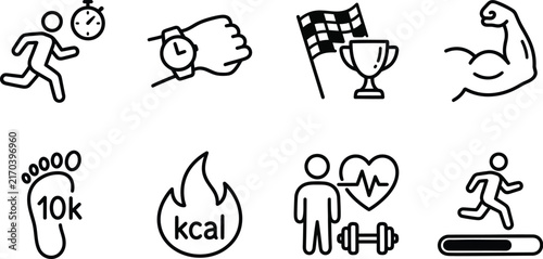Running fitness and competition line icons on a white background