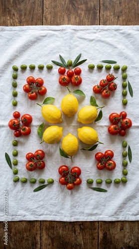 Fresh lemons, red tomatoes and green olives pattern arranged on white linen cloth over wooden table at Amalfi coast.