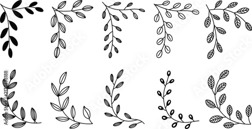 Floral corner border frame element set with hand drawn delicate botanical leaves branches and laurel twigs vector 