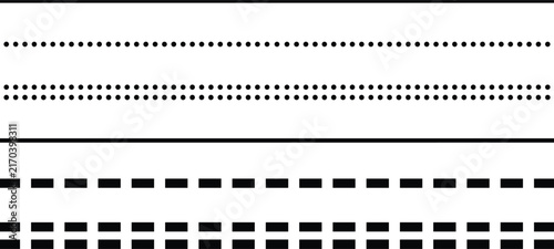 Geometric seamless divider line pattern set with minimalist dotted dashed and solid border stripes template vector (16 words)