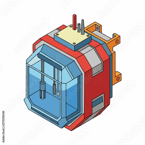 Quadro su tela Isometric illustration of a futuristic industrial machine with blue and red colors