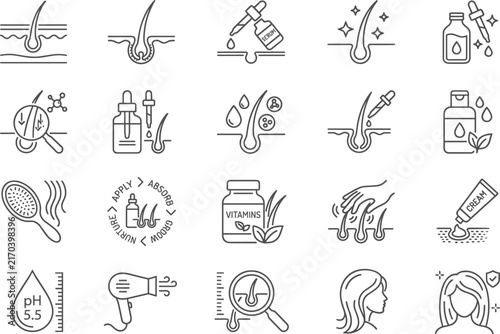 Hair care treatment and scalp dermatology line icon set with follicle serum shampoo vitamin and brush symbols (17 words)