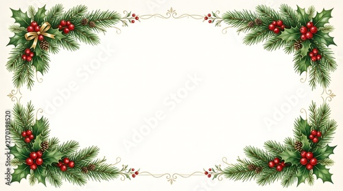 A festive christmas border with holly berries and evergreen branches for holiday greetings and decorations