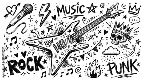 Heavy metal punk rock music doodle art with electric guitar microphone skull crown flame and stars vector (17 words)