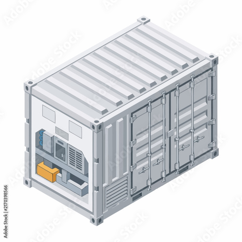 Modern shipping container with open doors and interior storage.