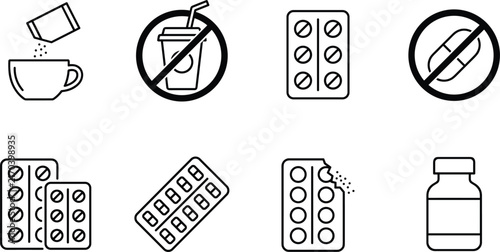 Medical pills and pharmaceutical drug use instructions thin line icon set with blister packs and warning symbols