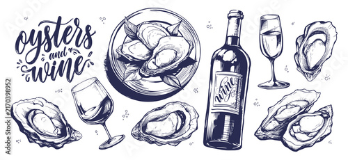 Bild auf Leinwand Elegant illustration of oysters and wine, a classic pairing for a gourmet experience