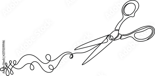 Open sharp scissors cutting through a wavy tangled thread path on an isolated plain white background