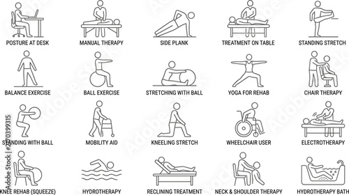 Physical therapy and rehabilitation center line icon set with yoga stretching massage training and mobility aid exercises (17 words)