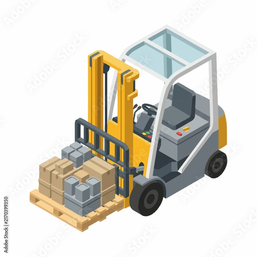Yellow forklift lifting stacked boxes in a warehouse setting.