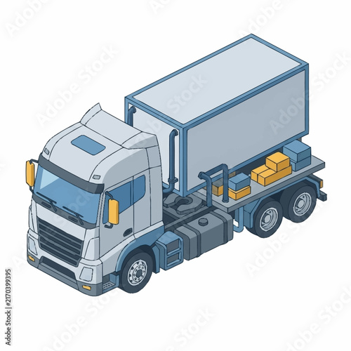 Modern blue delivery truck with cargo container on flatbed.