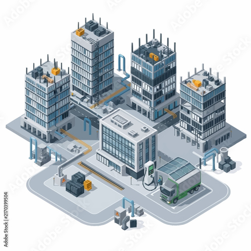 Isometric illustration of a modern city with construction sites and vehicles.