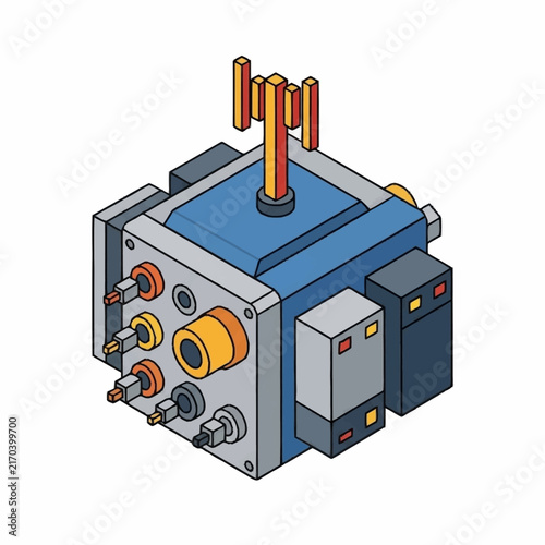Isometric illustration of a blue industrial server with orange antennas.