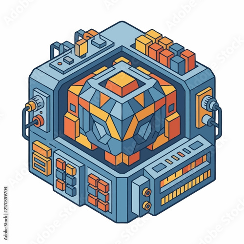 Futuristic Isometric Sci-Fi Control Room with Orange and Blue Lights.