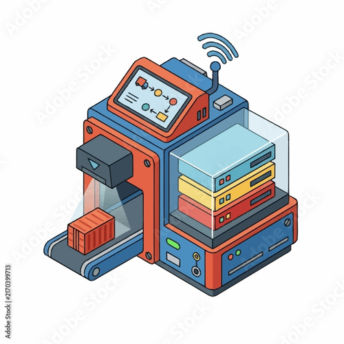 Isometric illustration of a futuristic robot with delivery packages.