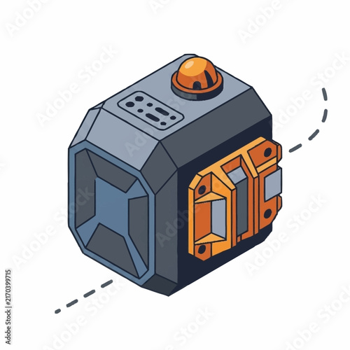 Futuristic orange and gray industrial control panel with buttons and screens.
