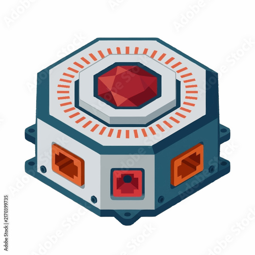 Futuristic Hexagonal Technology Device with Glowing Red Core.