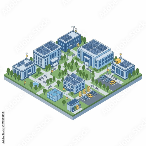 Isometric illustration of modern city buildings and infrastructure.