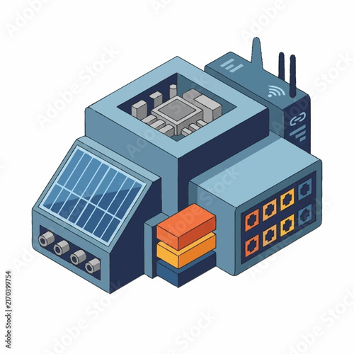 Isometric illustration of a modern server room with network equipment.