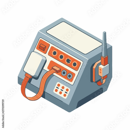 Modern medical device with cables and controls in isometric view.