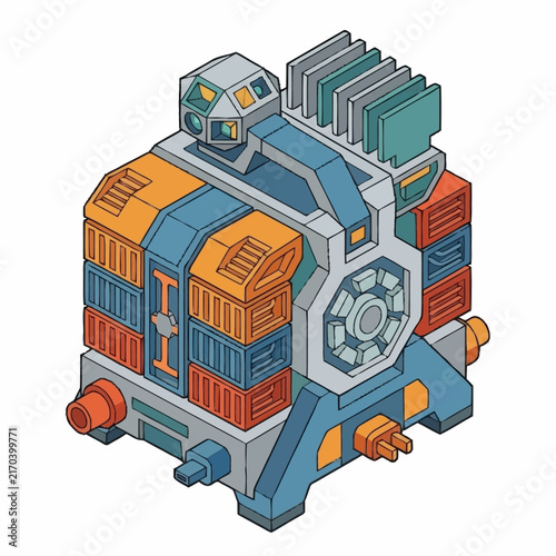 Colorful Isometric Illustration of a Futuristic Industrial Machine.