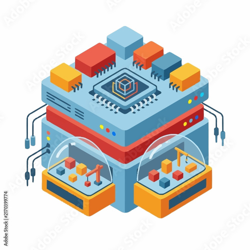 Isometric illustration of a futuristic computer chip processing data.