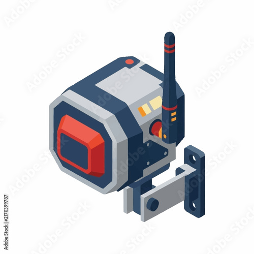 Isometric illustration of a modern security camera on a wall mount.