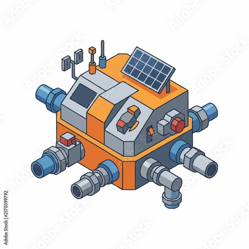 Futuristic modular robot with solar panels and mechanical arms.