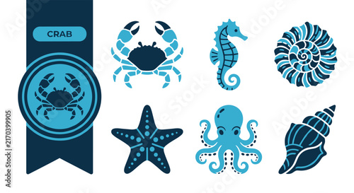 Premium crab icon set, six flat vector variations, navy blue ribbon badge design, isolated on white background, ideal for ocean, seafood and beach themes, icon set, icons, pack, vector