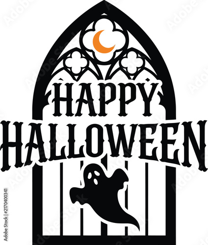 A gothic arched window frame design featuring the text Happy Halloween with a crescent moon and a playful ghost silhouette graphic