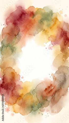 Colorful watercolor wreath frame with abstract paint splashes and copy space