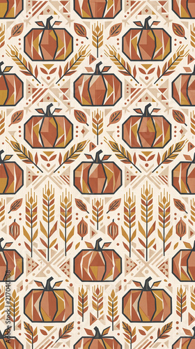 Seamless autumn harvest pattern with geometric pumpkins wheat stalks and fall leaves